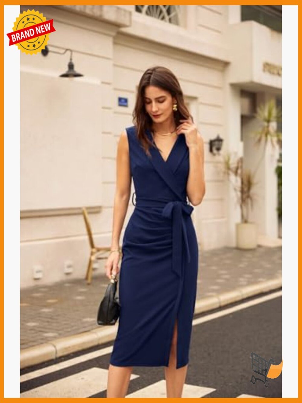 Sleeveless Ruched Bodycon Midi Dress with Belt Office Work - Picture 4 of 7